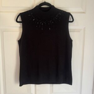Designers Originals Studio Womens Sleeveless Sweater Black Sz L Beaded Mock Neck